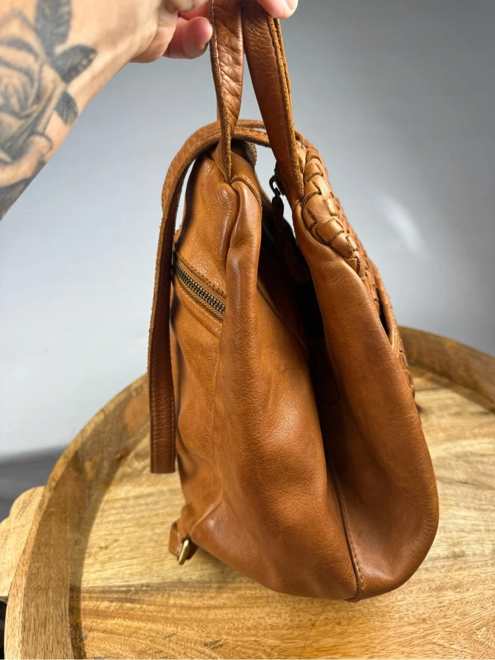 Woven Leather Mini Backpack - Tan